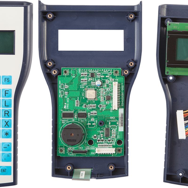 Handheld Industrial Control • Polyester overlay with domed buttons for tactile feedback• Molded plastic housing• Integrated LCD• PCB assembly with LCD and membrane switch plug ins